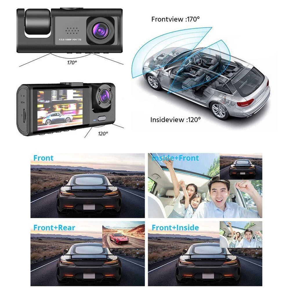 1080P Car Dash Cam - 3 Channel DVR with Night Vision & 32GB Loop Recording