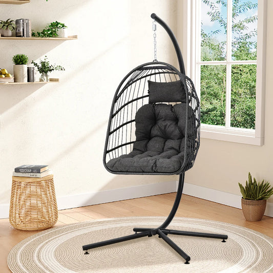 Woven Hanging Egg Chair - Indoor Outdoor Swing Chair with Stand and Cushions